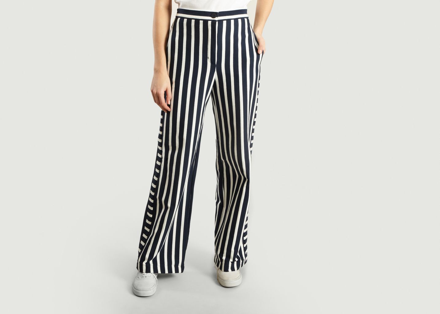 navy blue and white striped trousers