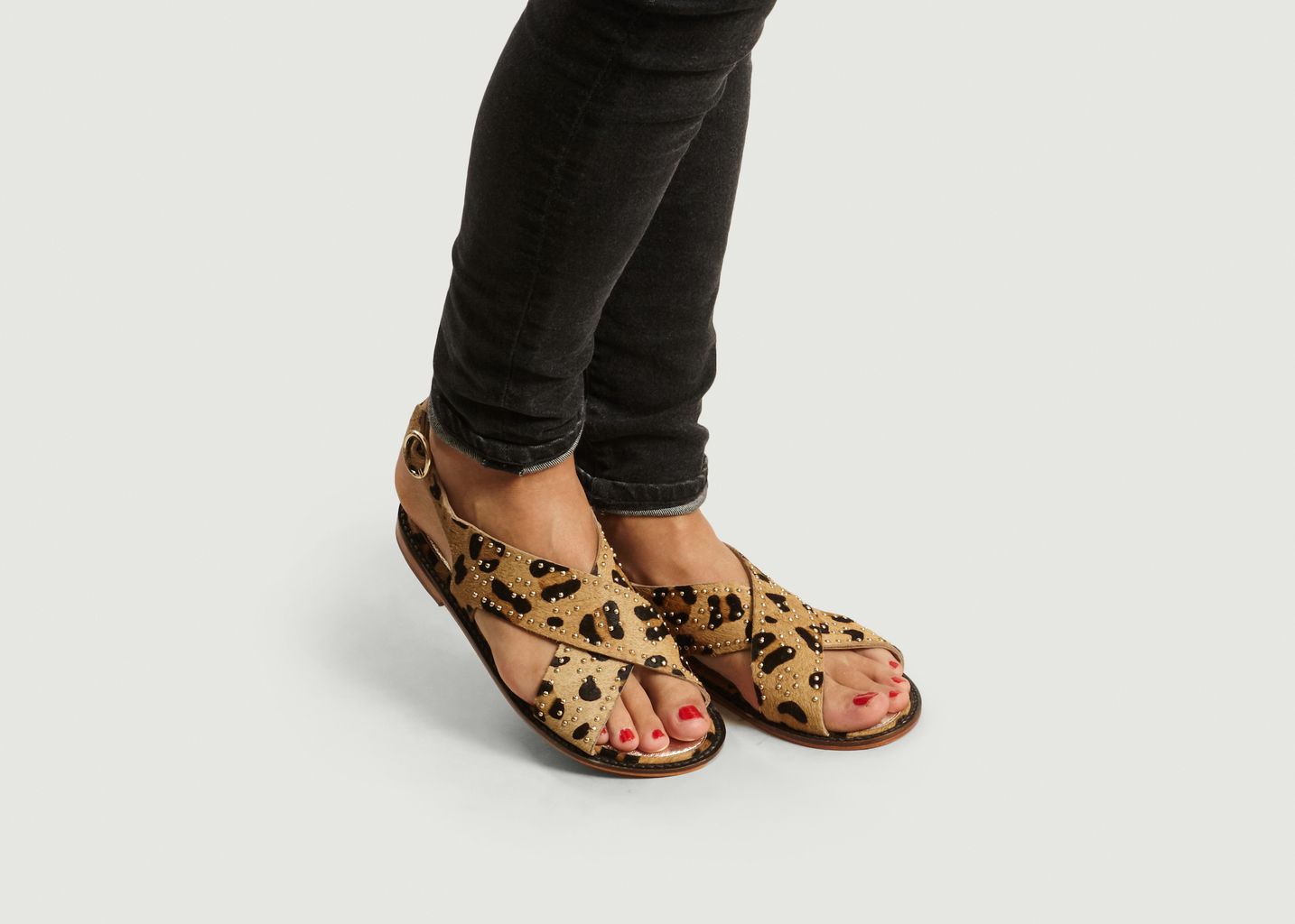 Luigi Hair On Leopard Pattern Sandals With Studs - Petite Mendigote