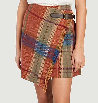 Short asymmetrical wrap skirt with checks