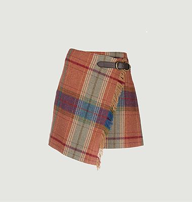 Short asymmetrical wrap skirt with checks