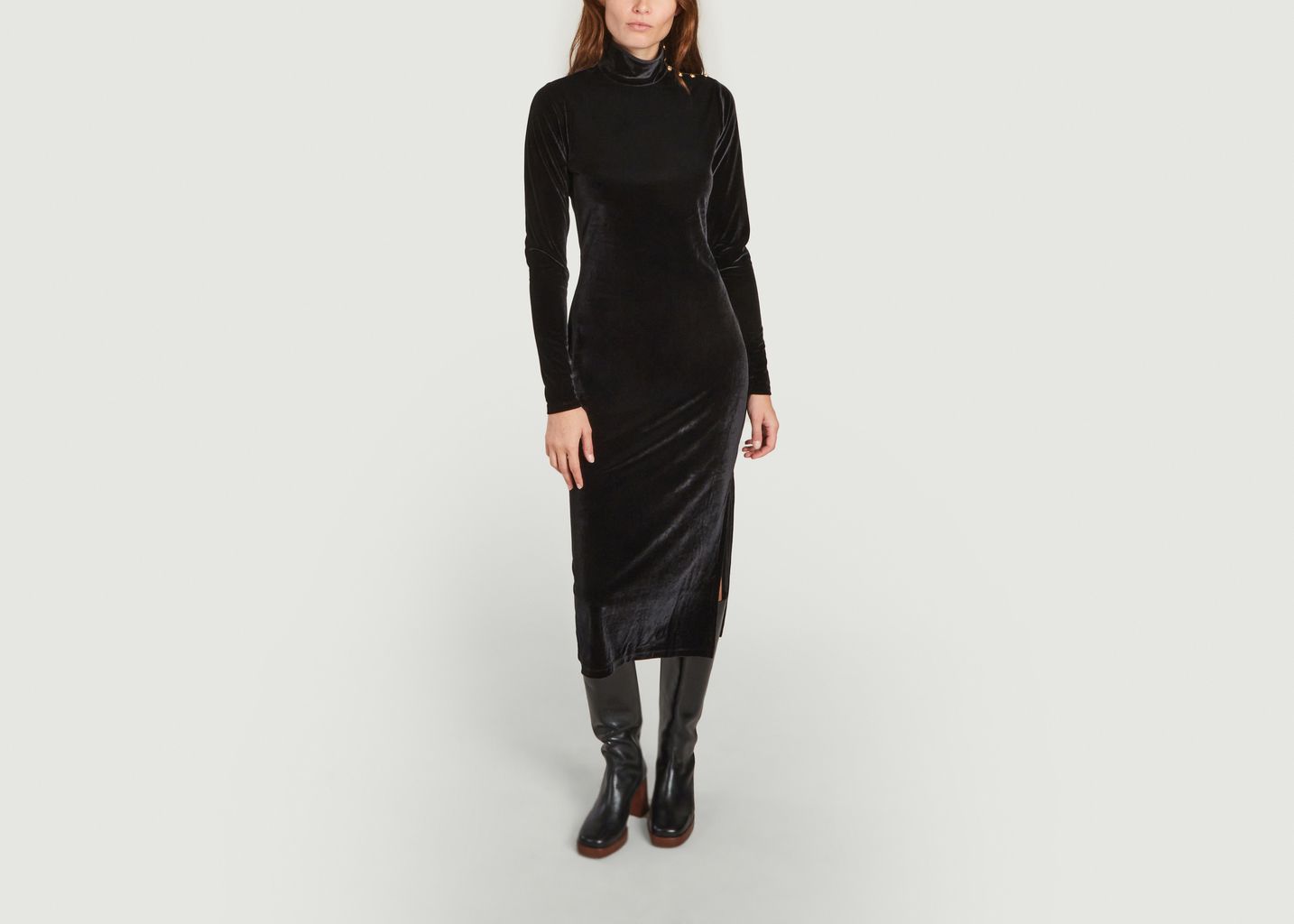 Mid-length turtleneck dress in stretch velvet - Polo Ralph Lauren