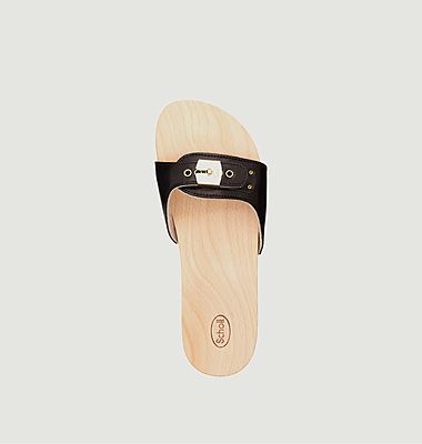 Flache Sandalen aus Leder und Holz Pescura