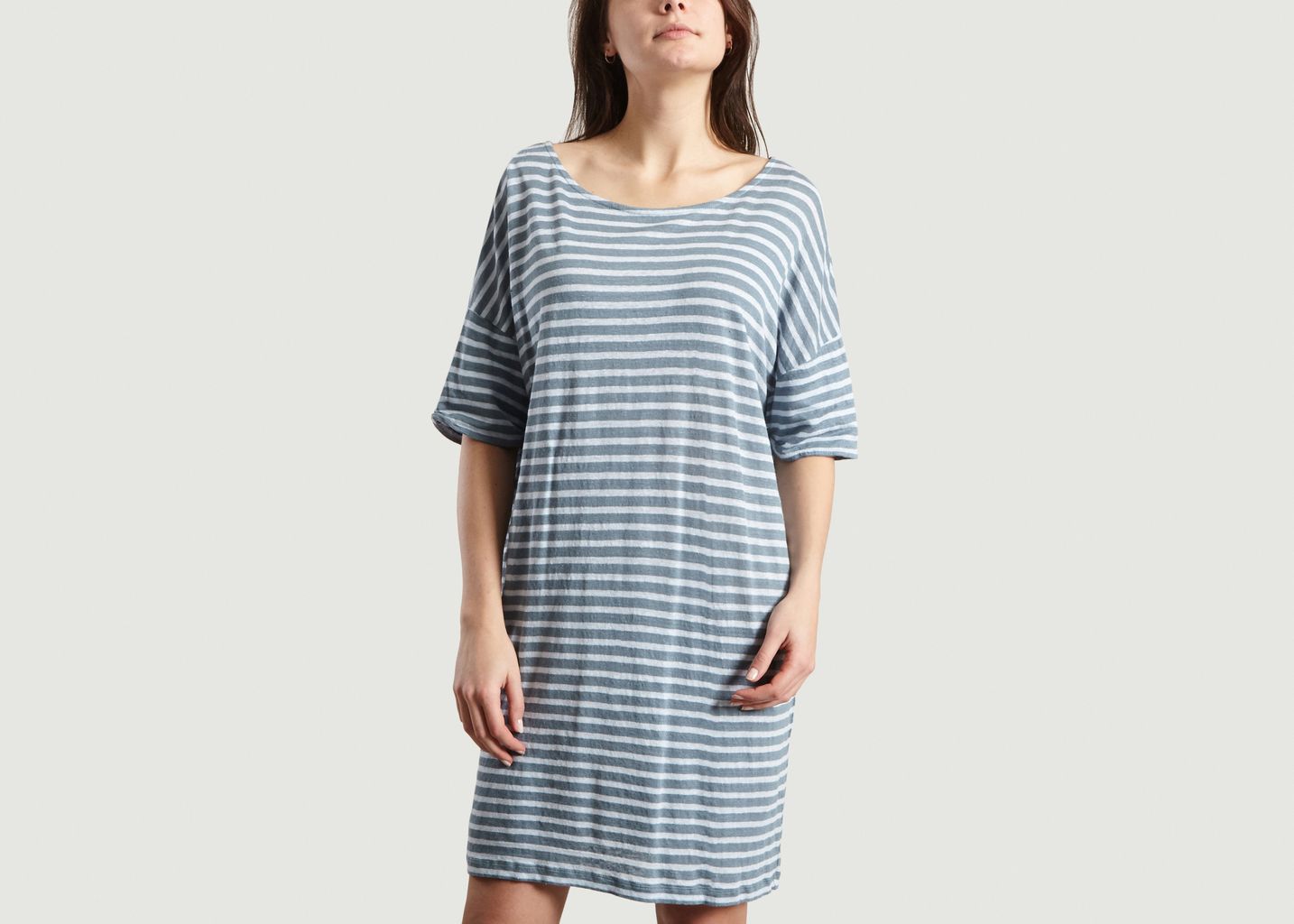 light blue and white striped dress