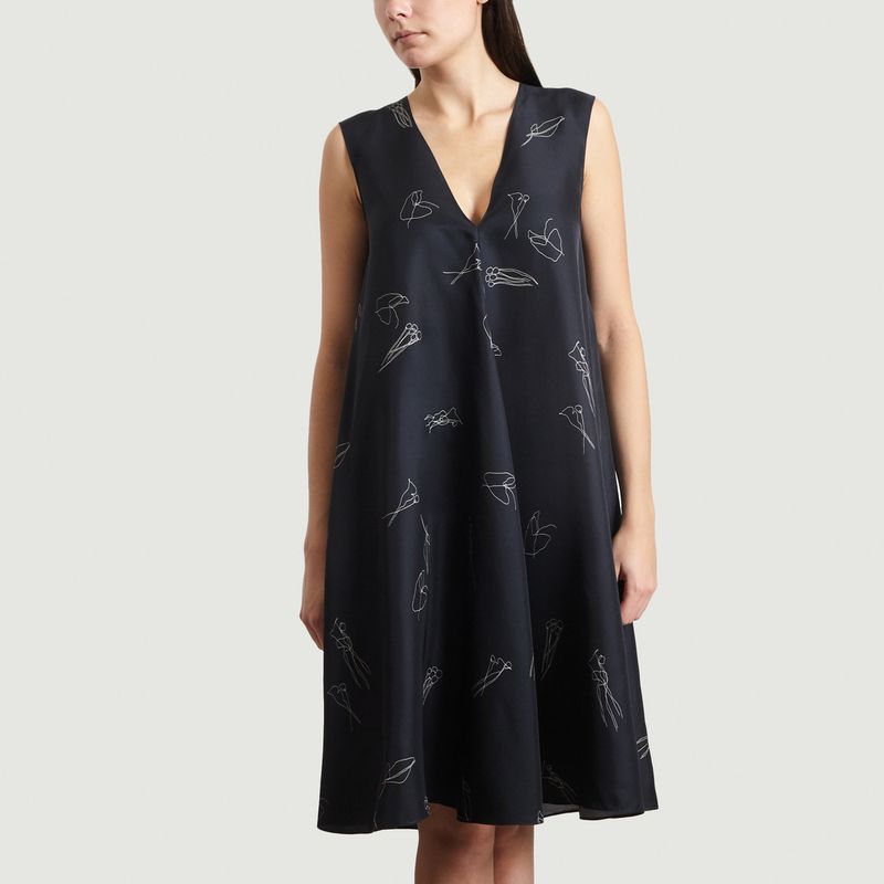 Printed Silk Dress Navy Blue Theory | L 