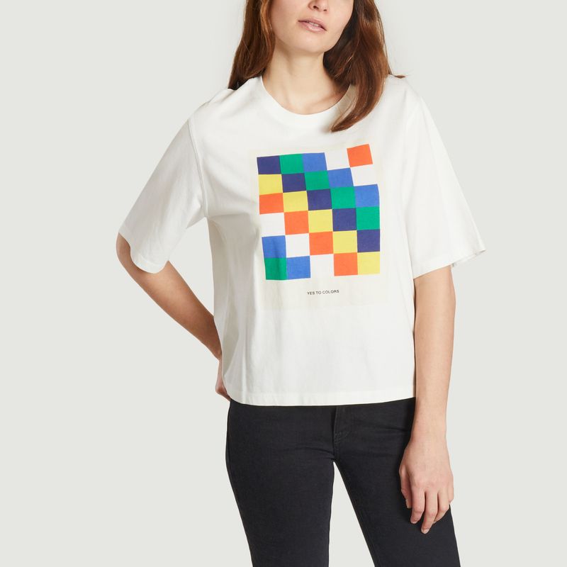 Weißes T-Shirt mit mehrfarbigem Aufdruck  - Thinking Mu 