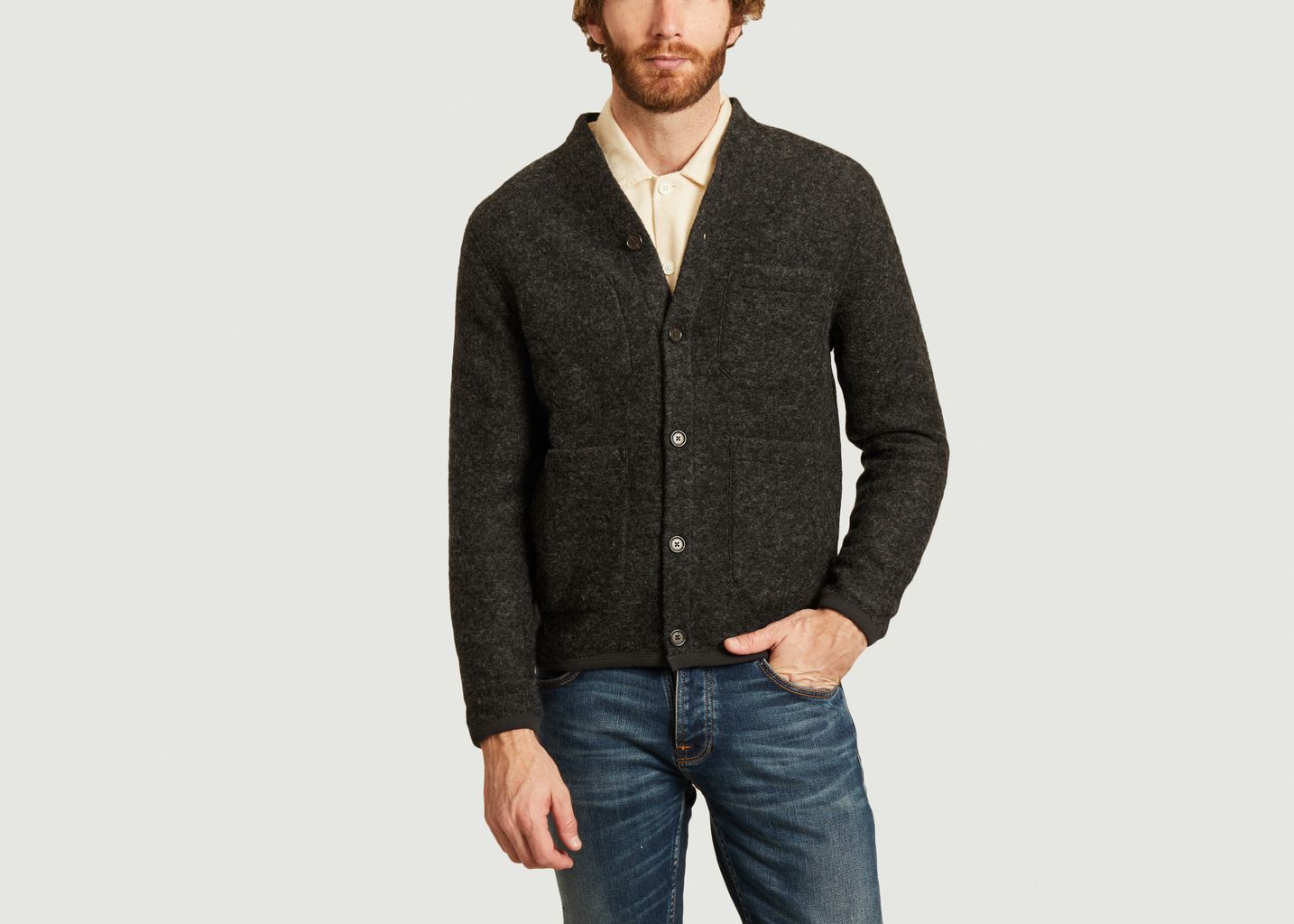 universal works cardigan in charcoal wool fleece